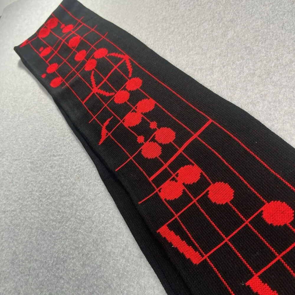 Vintage Scarf Music Staff Notes 1982 By Edgerton PA  88” Long red on black